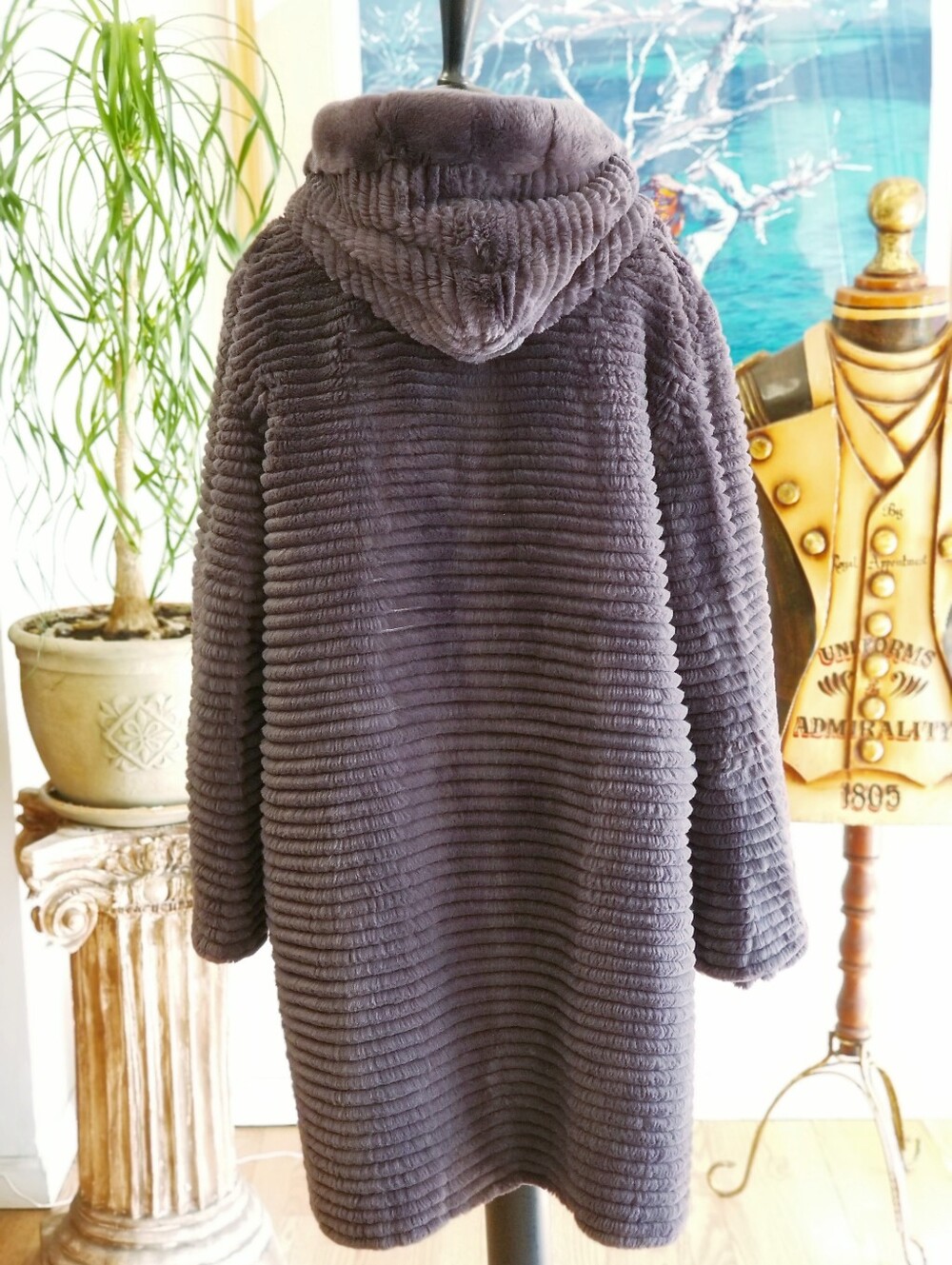 Reversible Rabbit Fur Coat With Hood in Gray - Picture 3 of 12